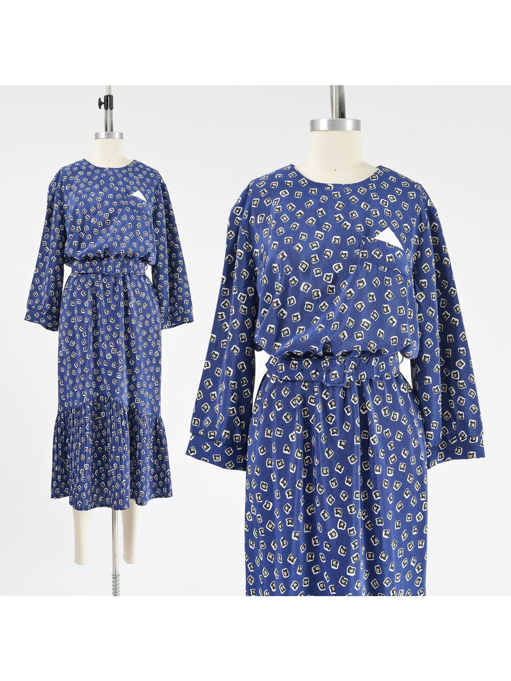 Vintage 80s Navy Geometric Retro Blouson High Waisted Midi Dress with Belt M